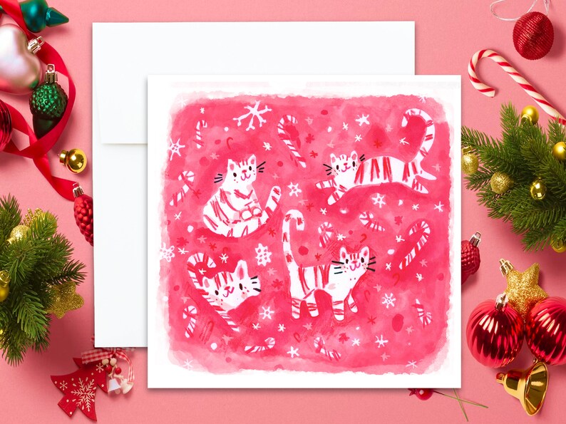 Cute Cat Christmas Greeting Card Candy Cane Cats image 1