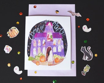 Cute and funny Halloween party Card (and stickers!) - Come for the party, Stay for the boos!