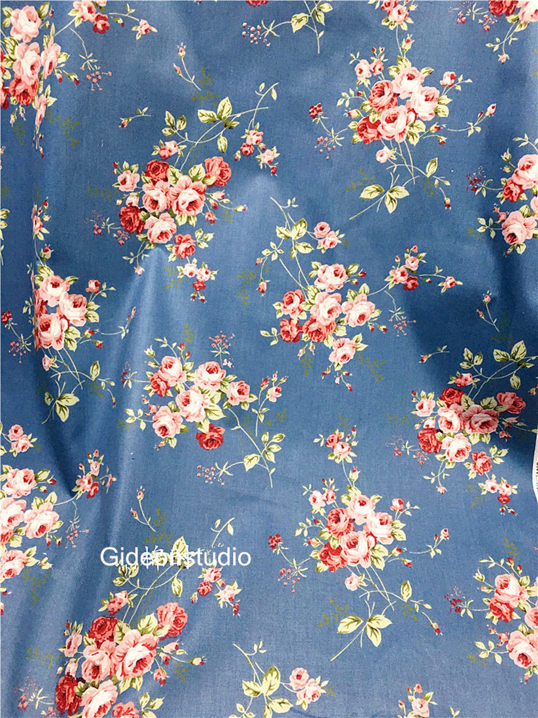Retro Rose Floral Cotton Fabric, Shabby Chic Large Rose Flower on Blue ...