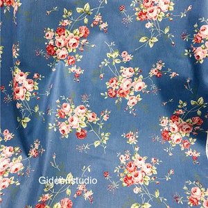 Retro Rose Floral Cotton Fabric, Shabby Chic Large Rose Flower on Blue Cotton Fabric For Cloth Bag Curtain Quiltting - 1/2 yard f408