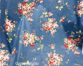 Retro Rose Floral Cotton Fabric, Shabby Chic Large Rose Flower on Blue Cotton Fabric For Cloth Bag Curtain Quiltting - 1/2 yard f408