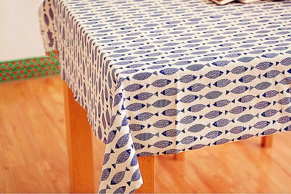 Blue Fish Fabric Cotton Linen Fabric Retro Fishes for Home Decor Curtain Quilting Table Runner Fabric- 1/2 Yard f273