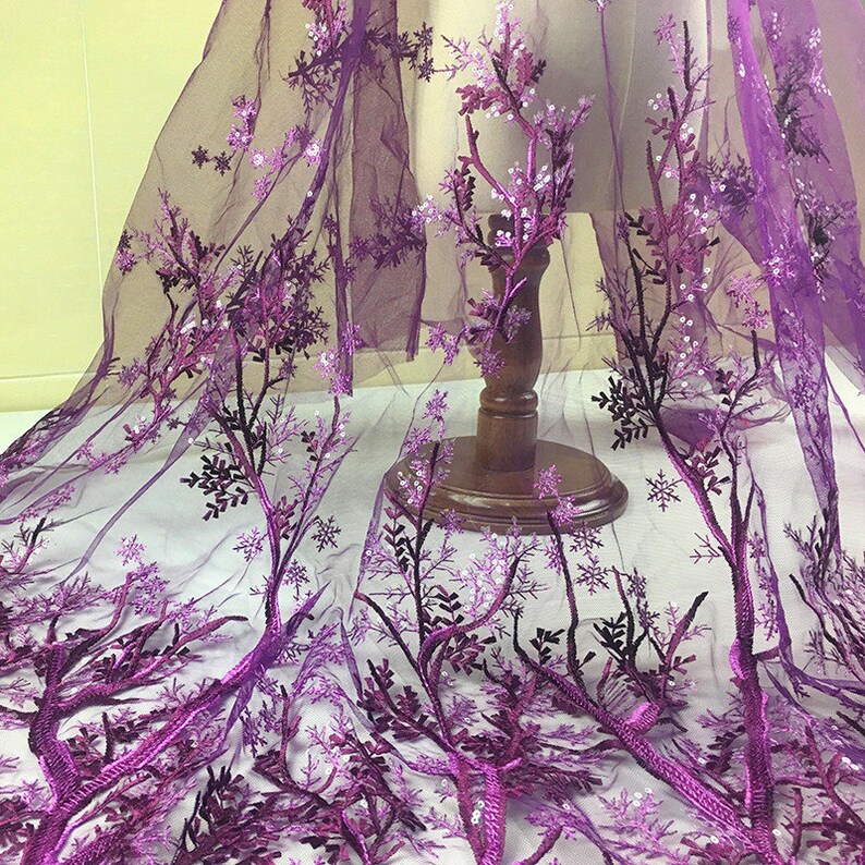 Snowflake Lace Fabric Blue Purple White Snow Trees Lace Flower Sequins Embroidered Lace Wedding Bridal Lace Fabric Dress Gauze Tulle L236a