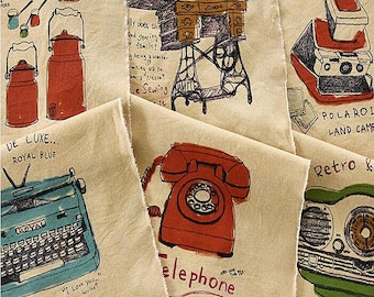 Vintage Linen Cotton Fabric, Retro Sewing Machine Telephone Typewriter Radio Pattern - One Panel 35“X55"