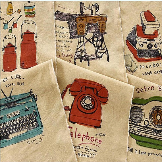 Vintage Linen Cotton Fabric, Retro Sewing Machine Telephone Typewriter Radio Pattern - One Panel 35“X55"