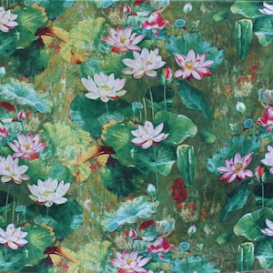 Tessuto di cotone e lino con fiori di ninfea, tessuto con pittura floreale di giglio, grande tessuto di loto per trapuntatura di tende in stoffa - 1/2 iarda h22