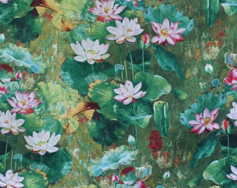 Water Lily Flower Cotton Linen Fabric, Lily Floral Painting Fabric, Large Lotus Fabric for Cloth Curtain Quiltting - 1/2 yard h22