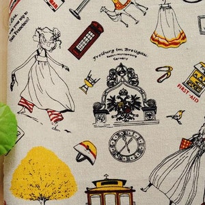 Cotton Linen Fabric, Girl&#39;s Journey Bike Suit Case Travel, Curtain Pillow Bag Fabric Home Decor Fabric 1/2 yard  C14