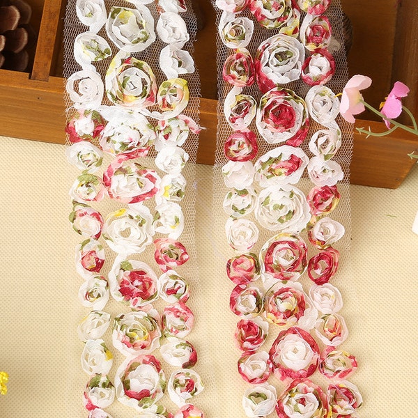 Colorful 3D Rose Trim Flowers Lace Ribbon Wedding Chiffon Trim Bridal Dress For Home Decor Sewing Crafts r138