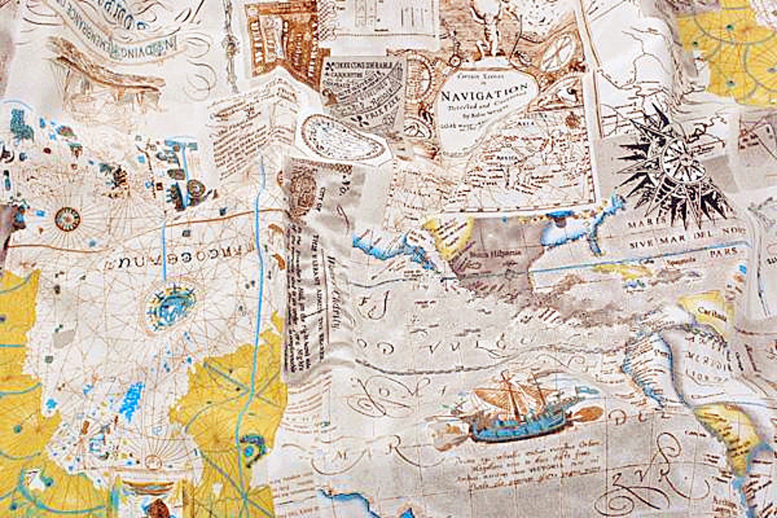 World Map Linen Cotton Fabric Vintage Voyage Navigation Etsy