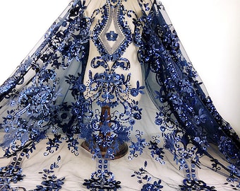 Navy Blue Flower Lace Black Lace Fabric Sequins Floral Embroidered Lace Wedding Bridal Lace Fabric Dress Gauze Tulle L265