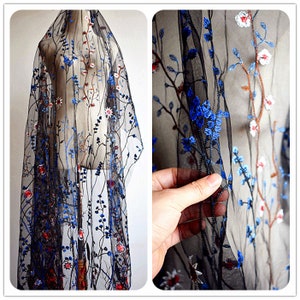 SALE Flower Lace Fabric Blue Red Floral Embroidered on Black White Lace Florals Lace Wedding Bridal Lace Fabric Dress Gauze Tulle L78c