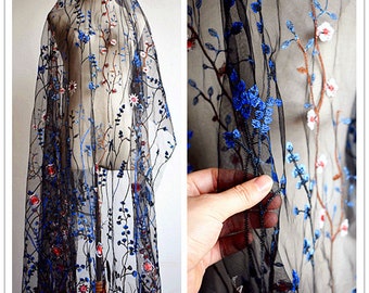 SALE Flower Lace Fabric Blue Red Floral Embroidered on Black White Lace Florals Lace Wedding Bridal Lace Fabric Dress Gauze Tulle L78c