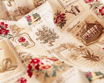 Vintage Cotton Linen Fabric Red Flower Garden House Shabby Florals Home Decor Curtain Quilting Fabric - 1/2 Yard h24