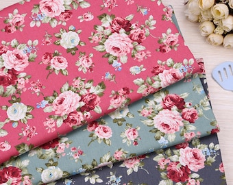 Chic House Inc Stella Shabby Faded Pink  Roses on BLUE Cotton Poplin Fabric 1 Yd 