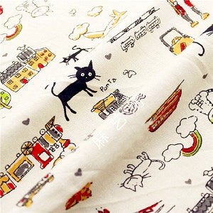May include: Off-white fabric with a whimsical print featuring black cats, trains, buildings, rainbows, and airplanes. The word "Panta" is written near a black cat. The design includes hand-drawn style illustrations in black, red, yellow, and green.