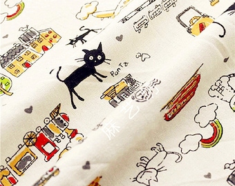 Tela de gato Tela de lino y algodón Gato negro Viaje por el mundo Acolchado 1/2 yarda c21