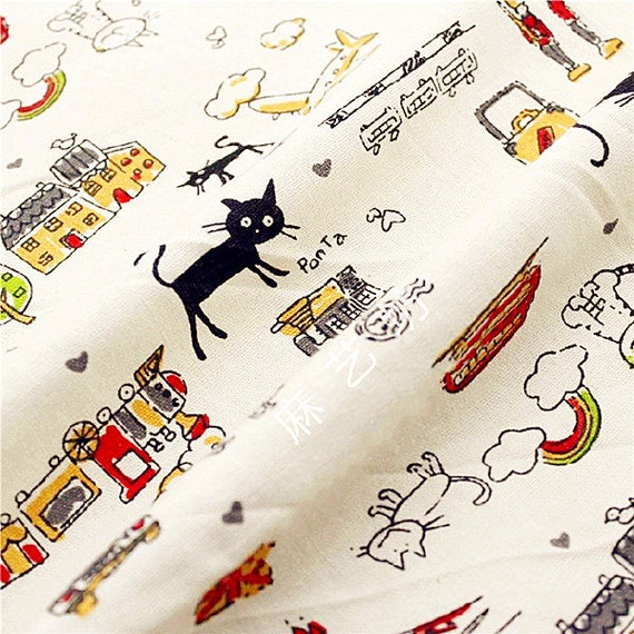 Cat Fabric Cotton Linen Fabric Black Cat Travel The World Quilting 1/2 yard c21
