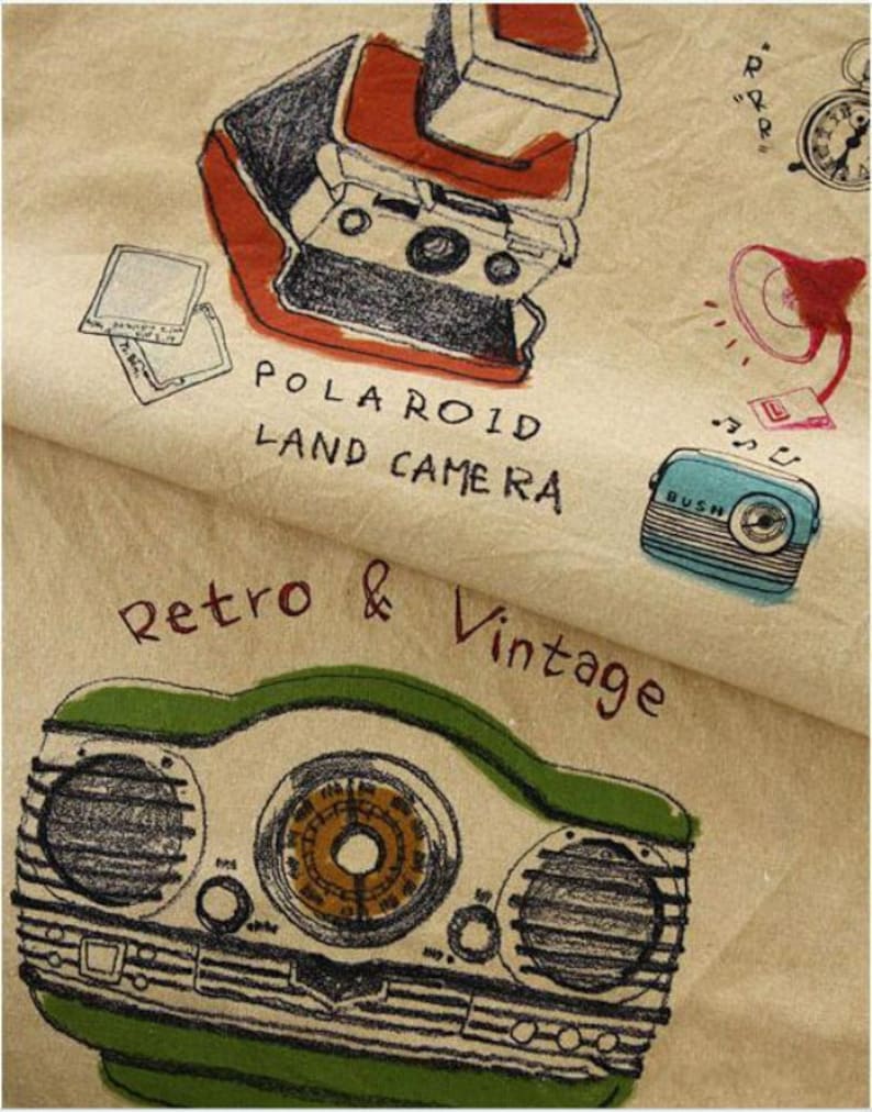 Vintage Linen Cotton Fabric, Retro Sewing Machine Telephone Typewriter Radio Pattern - One Panel 35“X55" image 5