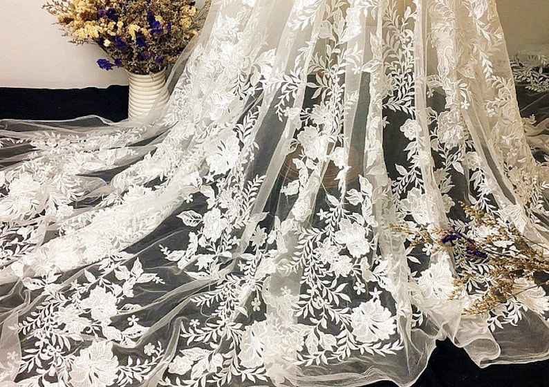 Flower Lace Fabric Rose Floral Embroidered Lace Wedding Bridal Lace Fabric Dress Gauze Tulle by the yard