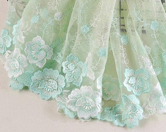 1 mètre de bordure en dentelle à broder verte, largeur de dentelle de mariée florale, largeur 21 cm, bordure brodée en coton pour couture de robe en tissu, artisanat r237