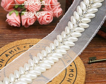 4.5cm Crystal Beaded Trim White Pearl Rhinestone Trim Ribbon Wedding Applique For Bridal Scrapbooks Home Decor Sewing Crafts r144