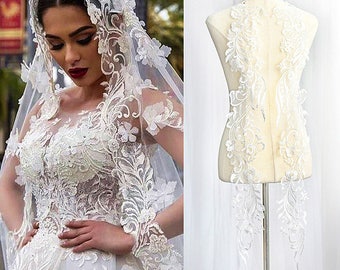 Floral Lace Applique Off White Flower Fabric Applique Embroidered Lace Bridal Veil Lace Fabric Dress Gauze Tulle A21 (One Panel )