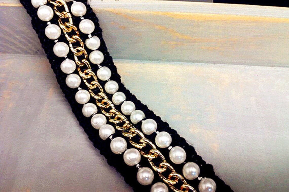 1 Yard Pearl Beaded Trim Metal Chain Trim Gold Tone Chain Lace Etsy