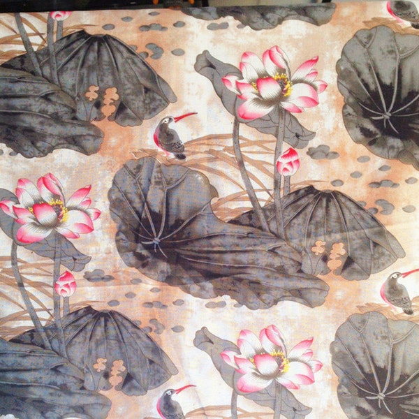 Tissu nénuphar coton lin tissu fleur de lotus rose encre de chine sac en tissu shabby chic couette tissu de décoration intérieure - 1/2 yard f13