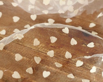 Lace Fabric Embroidery Love Heart White Wedding Bridal Veil Fabric Silk Netting L01 ( 1 yard)