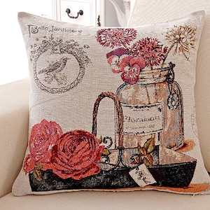 New Retro Flower Cotton Linen Fabric Red Rose Fabric For Pillow Cover bag - One Panel 20&quot;x20&quot; h118