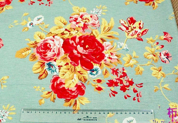 Vintage Peony Flower Fabric Cotton Linen Fabric Shabby Chic Red Floral Fabric Home Decor Bag Curtain Quiltting - 1/2 yard f78