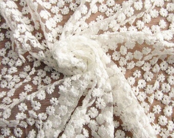 SALE White Lace Fabric Embroidery Flower Embroidered Floral Wedding Bridal Lace Veil Fabric Silk Netting Tulle L06 ( 1/2 yard)