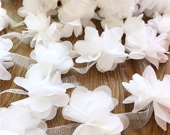 Chiffon Flower Lace Trim Ribbon Trim White Ivory Chiffon Florals Trim for Bridal Wedding Decor Clothes 1 Yard r134w