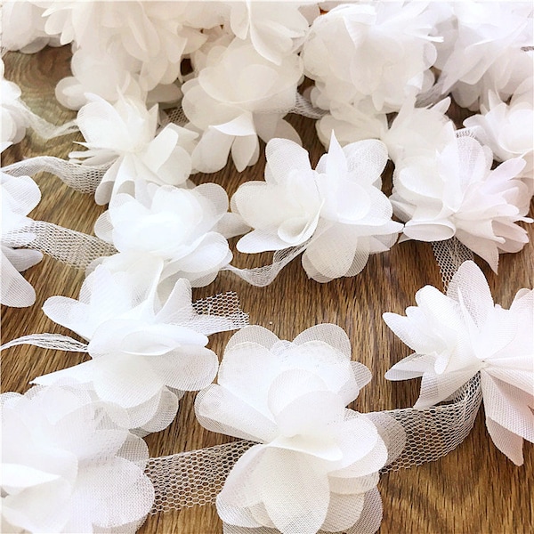 Chiffon Flower Lace Trim Ribbon Trim White Ivory Chiffon Florals Trim for Bridal Wedding Decor Clothes 1 Yard r134w