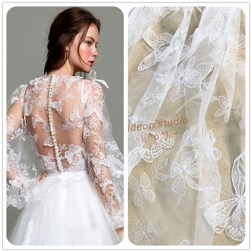 Flowers Lace Fabric White Flower Embroidered Wedding Bridal Etsy