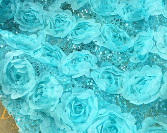 Shabby Flower Lace Fabric 3D Rose Floral Lace Blue Lace Wedding Bridal Dress Gauze Tulle L18 ( 1/2 yard)