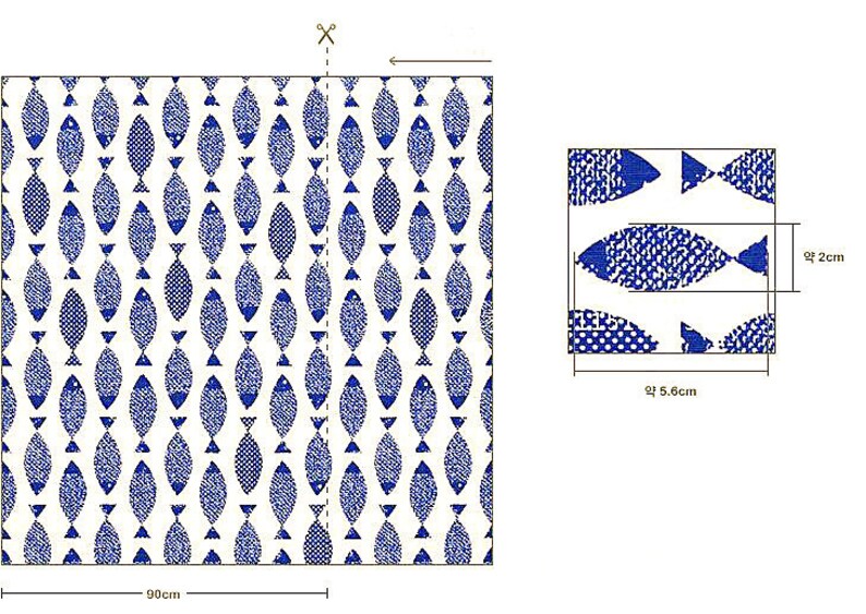 May include: A white fabric with a repeating pattern of blue fish. The fabric is 90 inches wide and the pattern repeats every 5.6 inches. The fish are 2 inches tall.