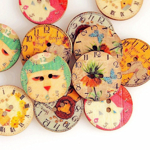 Vintage Wood Button Colorful Painted Clock Buttons Kids Children Flower Sewing Buttons b48 (20pcs)