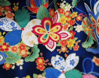 Floral Cotton Fabric Japanese Kimono Fabric, Flowers on Red