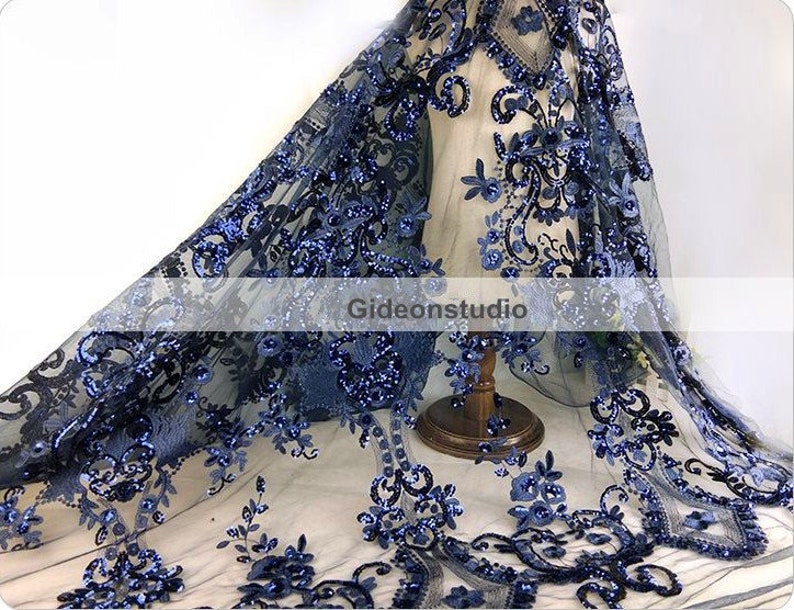 Navy Blue Flower Lace Blakc Lace Fabric Sequins Floral - Etsy