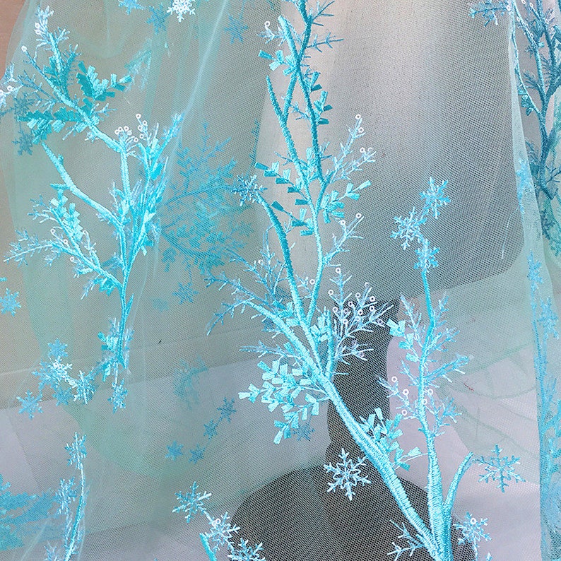Snowflake Lace Fabric Blue Purple White Snow Trees Lace Flower Sequins Embroidered Lace Wedding Bridal Lace Fabric Dress Gauze Tulle L236a