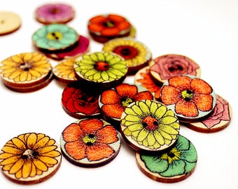 46pcs Flower Wood Button Colorful Painted Florals Button Kids Children Sewing Buttons b49