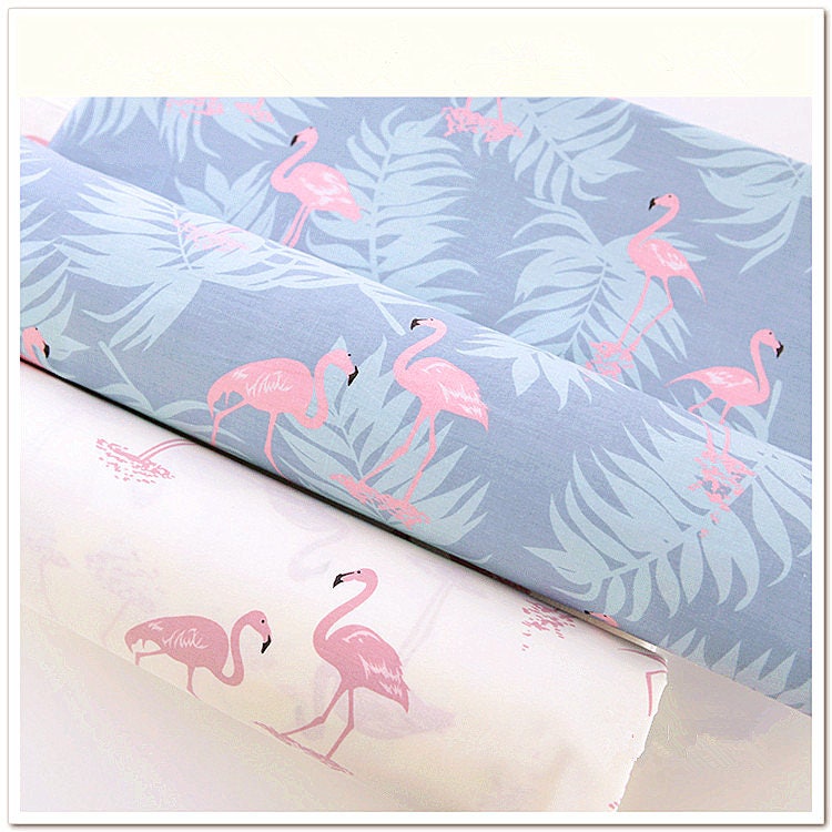 Pure Cotton Fabric Animals Birds Flamingo on White Blue Fabric | Etsy