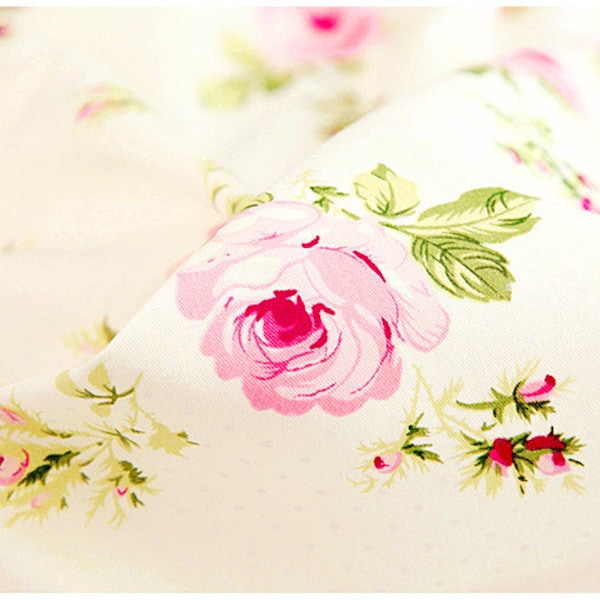 Rose Floral Cotton Fabric, Shabby Chic Pink Flower Small Plaid Cotton Fabric For Cloth Bag Curtain Quiltting - 1/2 yard f218