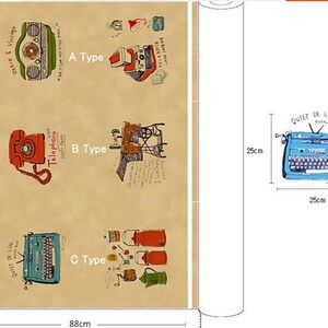 Vintage Linen Cotton Fabric, Retro Sewing Machine Telephone Typewriter Radio Pattern - One Panel 35“X55" image 4