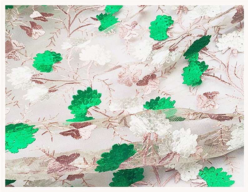 Flower Lace Fabric White Florals Embroidered on Pink Lace Wedding Bridal Lace Fabric Dress Gauze Tulle L193a