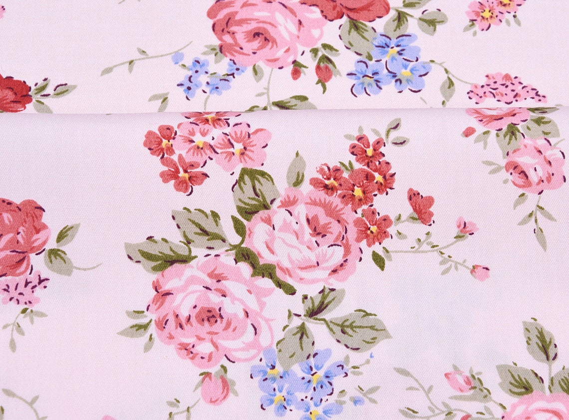 Retro Rose Floral Cotton Fabric Shabby Chic Large Rose Cotton | Etsy