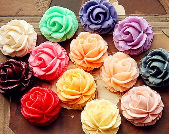 25pcs Large  Flowers Cabochons 35mm Colorful Resin Rose Flowers Cameo Flat Back  rf05