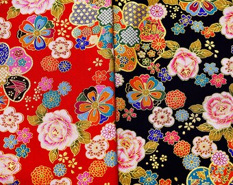 Tela japonesa Kimono Tela de algodón floral Sakura Flor sobre fondo rojo y azul marino Tela para bolsos Tela para edredones Decoración del hogar 1/2 yarda f443